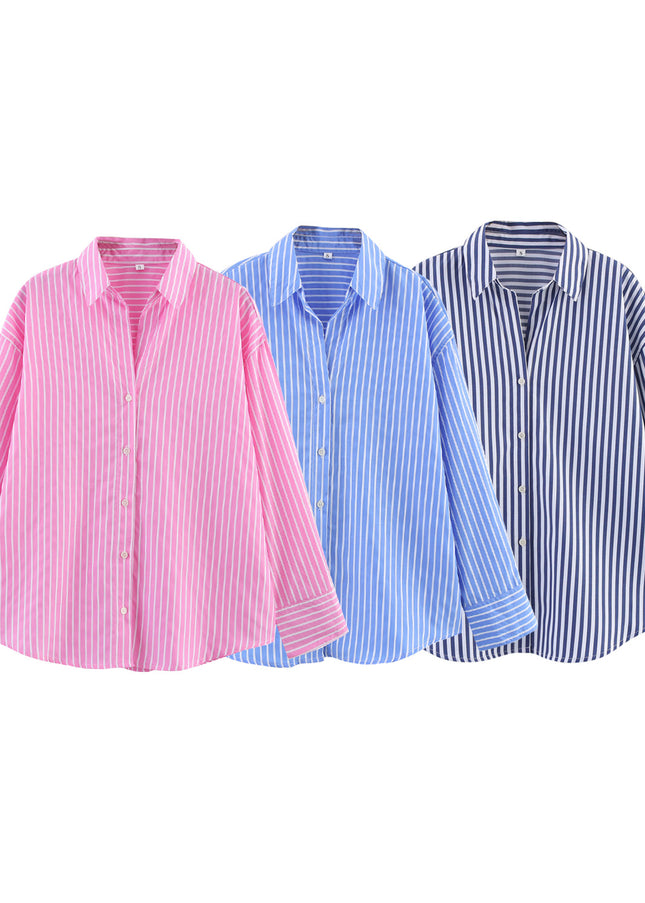 3 Colorway Striped Print Turn Down Collar Buttons up Long Sleeve Casual Fashion Tops Blouse for Women