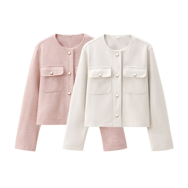 2 Colorway Solid Color Single Breasted Crew Neck Long Sleeve Casual Fashion Jacket for Women