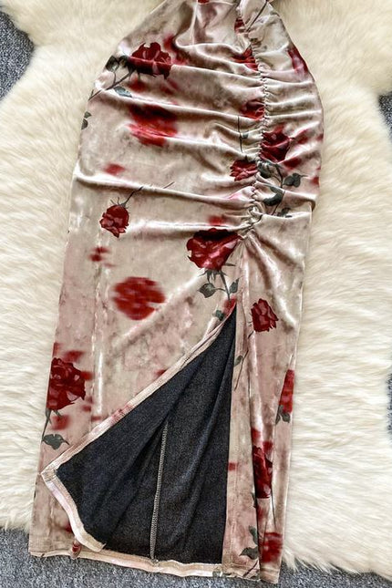 Vintage New Design Hollow-out Sleeveless Printed Velvet Waist Slit Dress