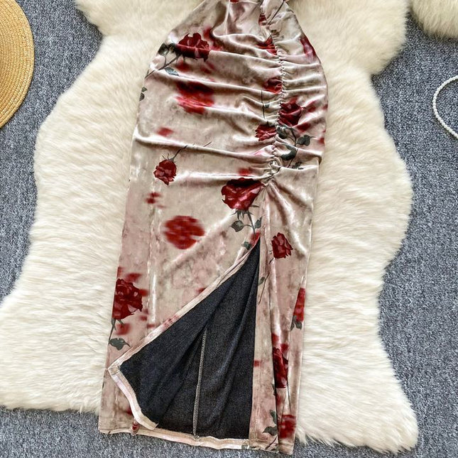 Vintage New Design Hollow-out Sleeveless Printed Velvet Waist Slit Dress