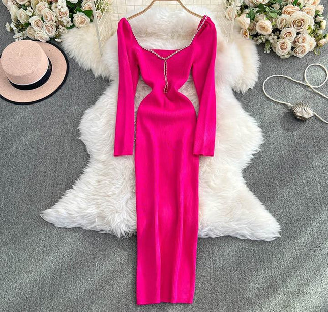 Knit Dress Women'S New Square Neck Sexy Slim Tight Dresses