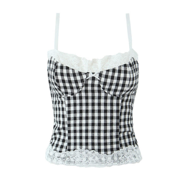 Spaghetti Strap Black White Color Plaid Print Front Bow Tie Lace Casual Fashion Women's Cotton tank Tops