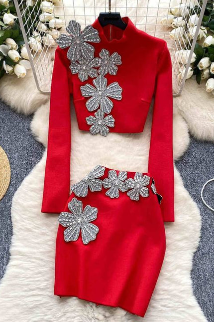 2 Piece Set Long Sleeve Luxury Crystal Flowers Evening Party Mini Skirt Set