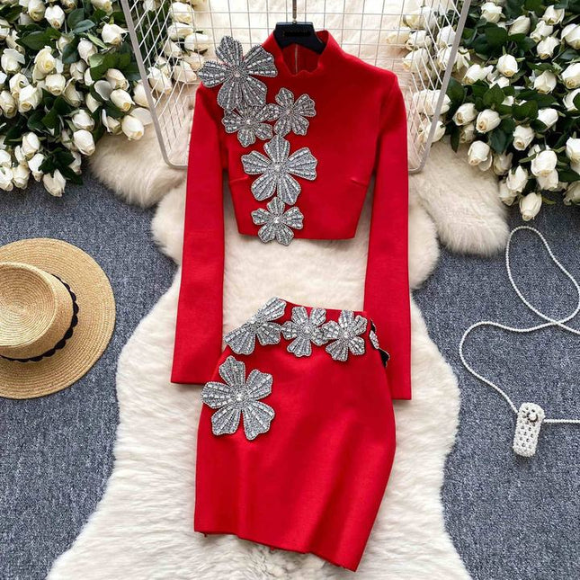 2 Piece Set Long Sleeve Luxury Crystal Flowers Evening Party Mini Skirt Set