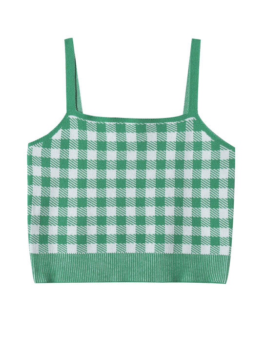 3 Colorway Plaid Pattern Spaghetti Strap Crop tank Top Long Knitted Skirt Casual Fashion Women 2 Piece Set