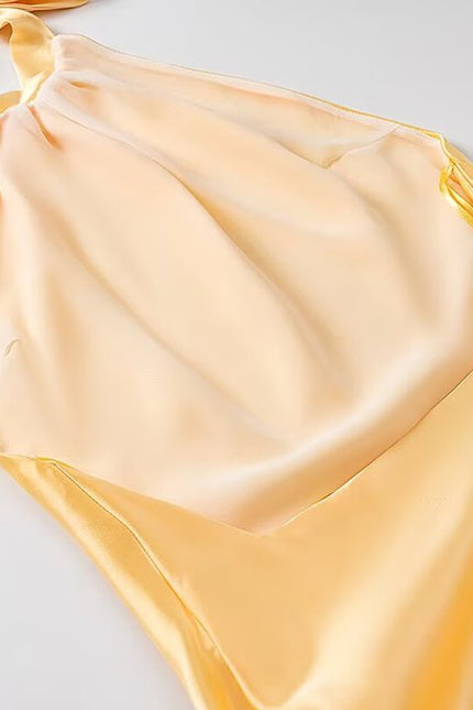 Back Hollow Out Beige Color Sleeveless Silky Casual Fashion Long Satin Halter Dress for Women