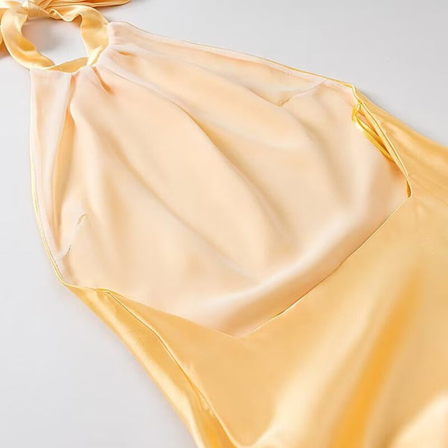 Back Hollow Out Beige Color Sleeveless Silky Casual Fashion Long Satin Halter Dress for Women