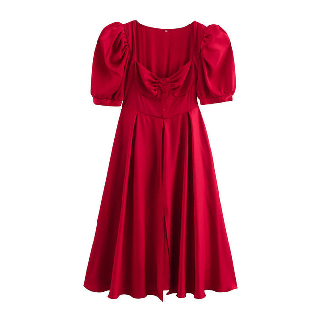 Square Collar Short Sleeve Buttons up Red Color Casual Fashion Oversize Maxi Dress for Ladies