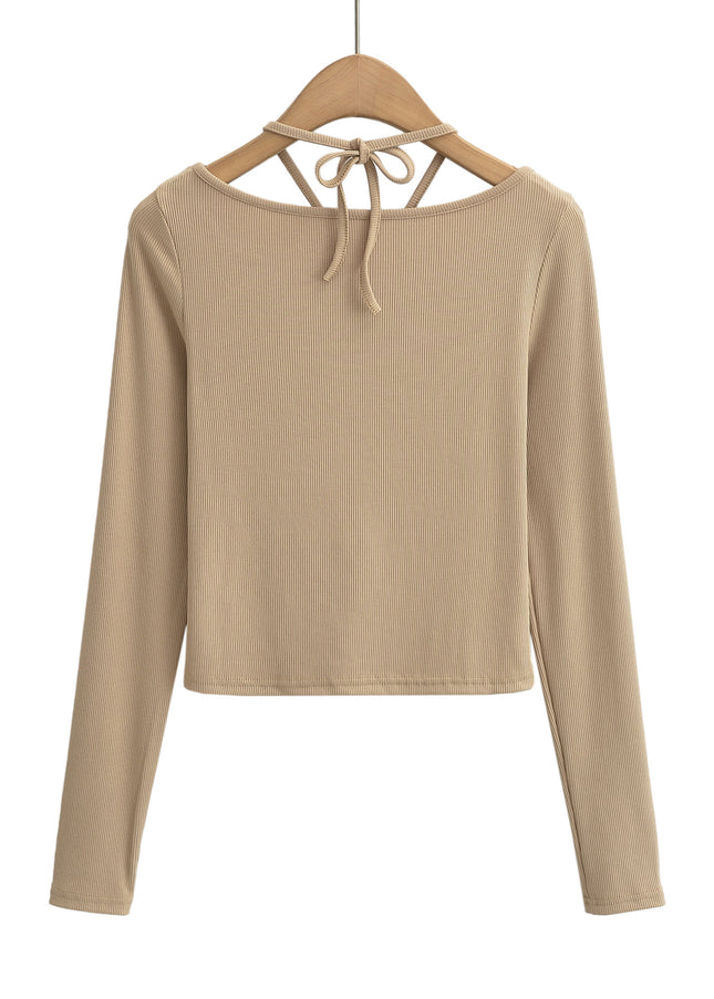 4 Colorway Front Hollow Out Long Sleeve Crew Neck Knitted Casual Fashion Women t Shirt