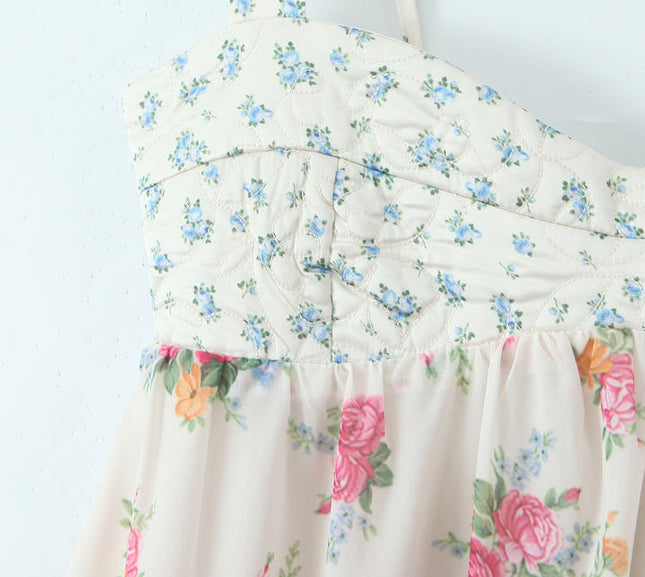 Patchwork Design Multi Color Floral Print Shoulder Strap Hot Sale Casual Fashion Mini slip Dress for Ladies