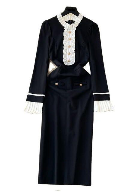 Contrast Panel Dress Slim Fit Black Mid Length Dress