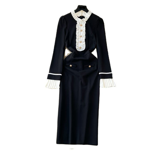 Contrast Panel Dress Slim Fit Black Mid Length Dress