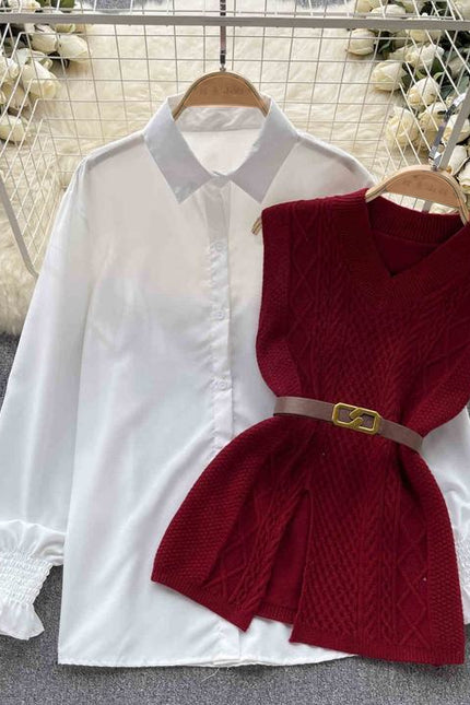 2025 Autumn Fashion ChicWaist Closing Knitting Vests Lapel White Casual Long Sleeve Shirts Female