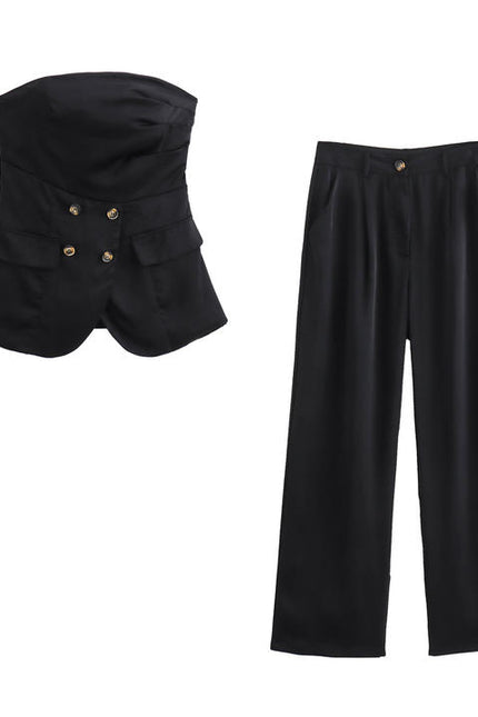 Strapless Black Color Double Breasted tank Top Long Pants Casual Fashion Women 2 Piece Set