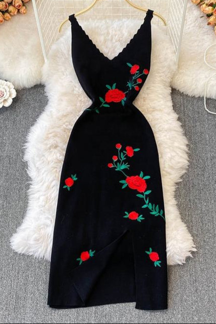 New Rose Embroidered Black Skinny Knitted Strap Split Dress for Women