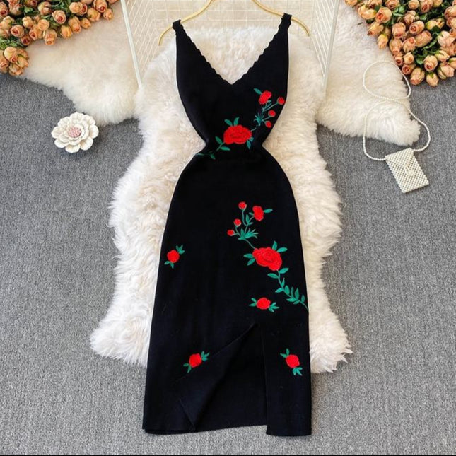 New Rose Embroidered Black Skinny Knitted Strap Split Dress for Women