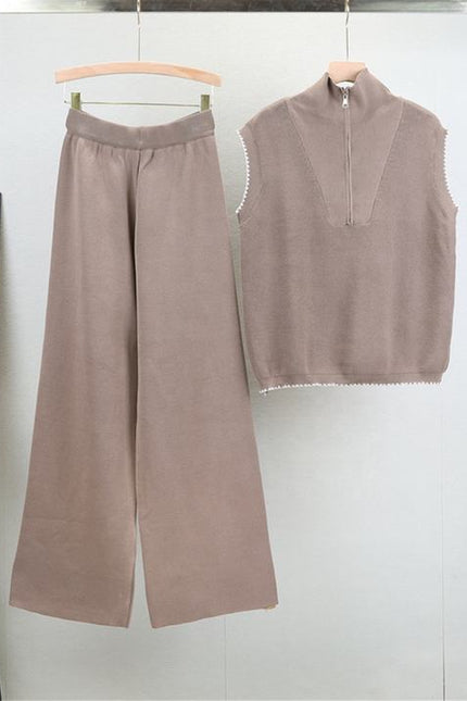 Zipper Sleeveless Knitted Vest Set for Women, Slimming and Wide Leg Pants Two-piece Set Trendy