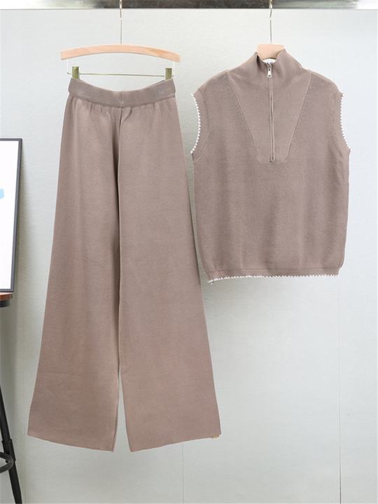 Zipper Sleeveless Knitted Vest Set for Women, Slimming and Wide Leg Pants Two-piece Set Trendy