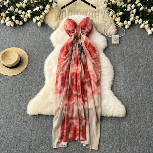 Women Printed French Halter Sleeveless Long Sexy Vacation Style Dresses
