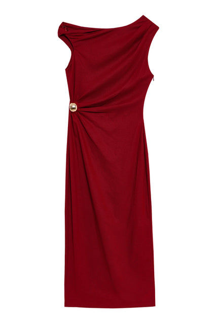 Crew Neck Sleeveless Red Color Front Pleated Beading Casual Fashion Long Dress for Women