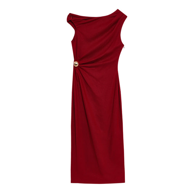 Crew Neck Sleeveless Red Color Front Pleated Beading Casual Fashion Long Dress for Women