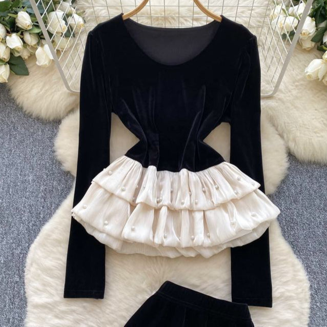 Senior Nail Drill Lotus Leaf Hem Splicing Long Sleeve Top High Waist Skirt Two Sets