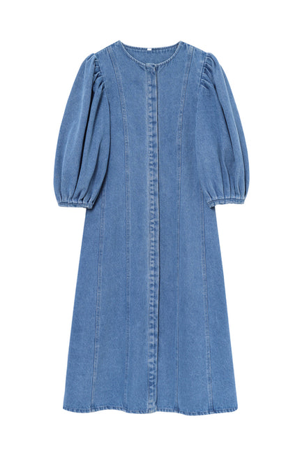 Crew Neck Long Sleeve Denim Blue Color Hot Sale Casual Fashion Long Jeans Dress for Women