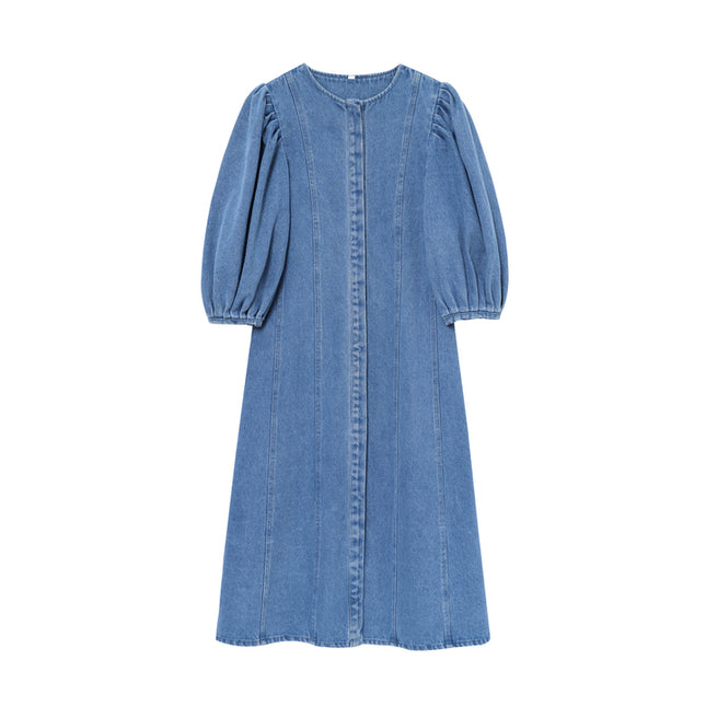 Crew Neck Long Sleeve Denim Blue Color Hot Sale Casual Fashion Long Jeans Dress for Women