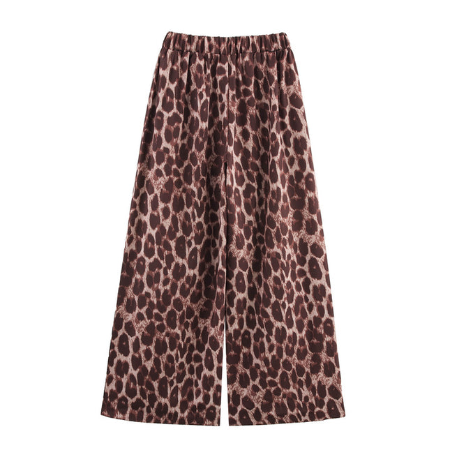 Turn Down Collar Long Sleeve Buttons up Blouse Elastic Waist Animal Print Pants Casual Women 2 Piece Set