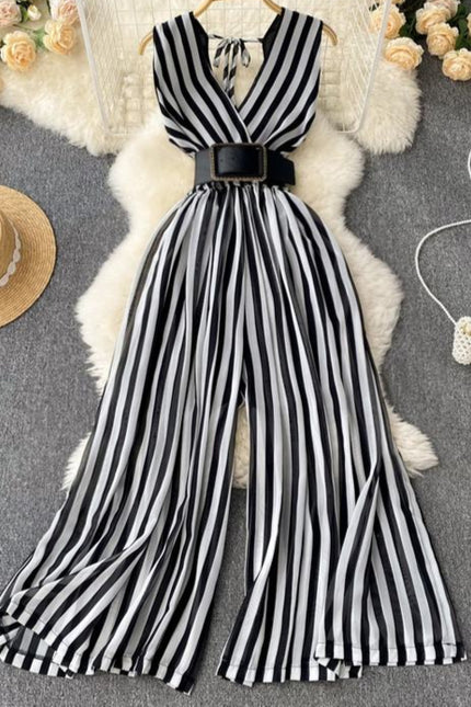 Fashion V-Neck Chiffon Stripes Summer New Sleeveless Wide Leg Long Pants Jumpsuit