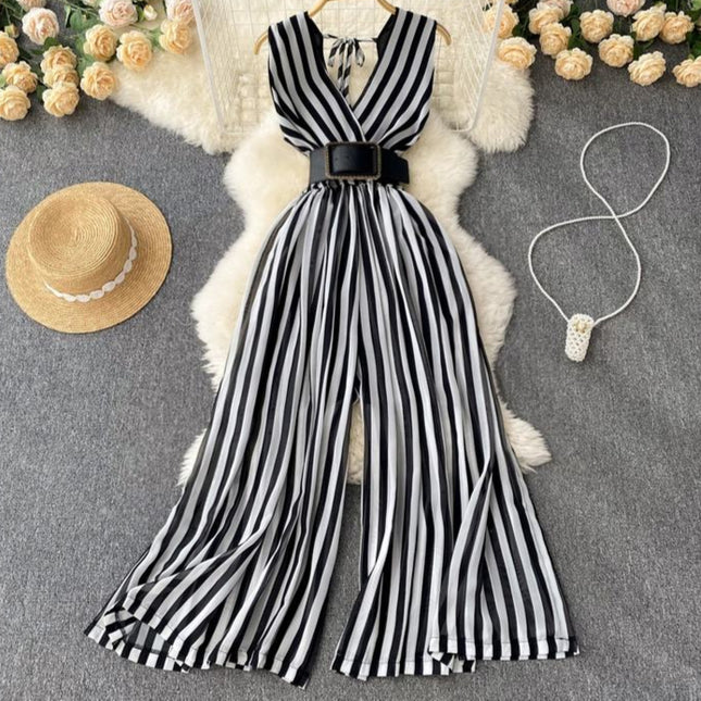 Fashion V-Neck Chiffon Stripes Summer New Sleeveless Wide Leg Long Pants Jumpsuit