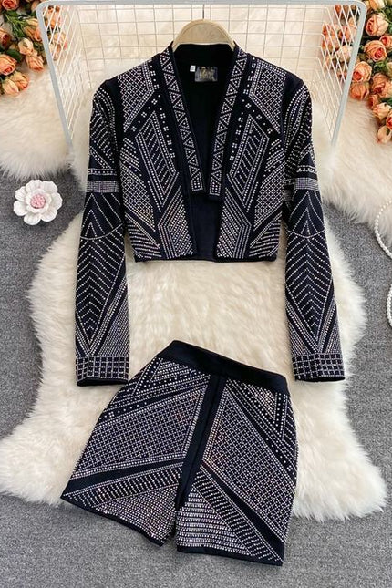 Fashionable Style Hot Diamond Suit Coat Women's Foreign Style Short Top Two Piece Set High Waist Wide Leg Shorts Fashion