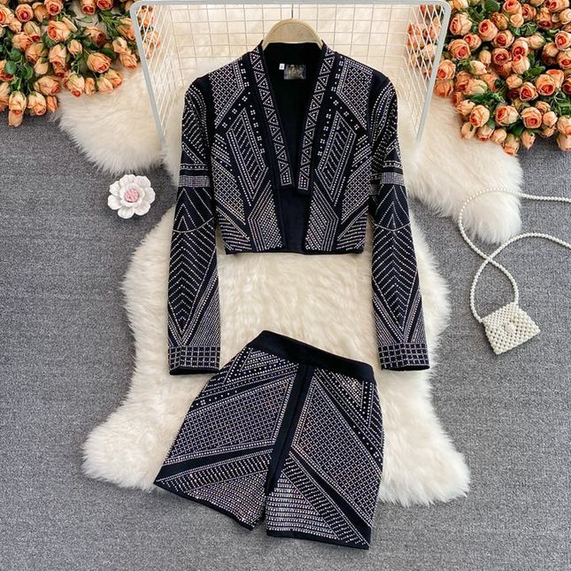 Fashionable Style Hot Diamond Suit Coat Women's Foreign Style Short Top Two Piece Set High Waist Wide Leg Shorts Fashion