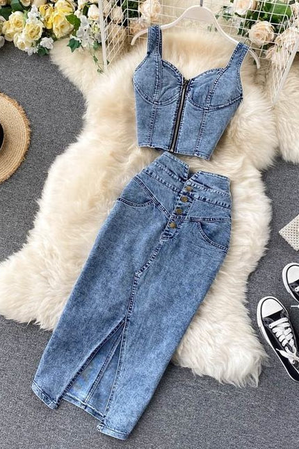 Summer Women'S Suit New Woman Sexy Short Halter Vest High Waist Denim Skirt Set