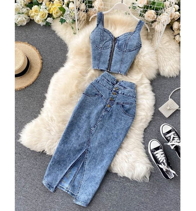 Summer Women'S Suit New Woman Sexy Short Halter Vest High Waist Denim Skirt Set