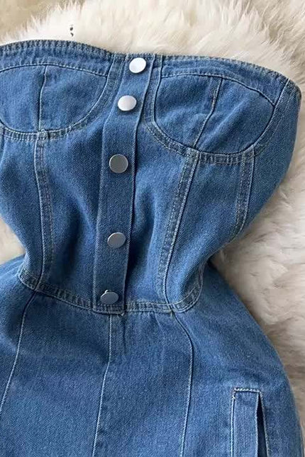 Spring Summer New Retro Sexy Female Denim Chest Wide-Leg Denim Pants Jumpsuit