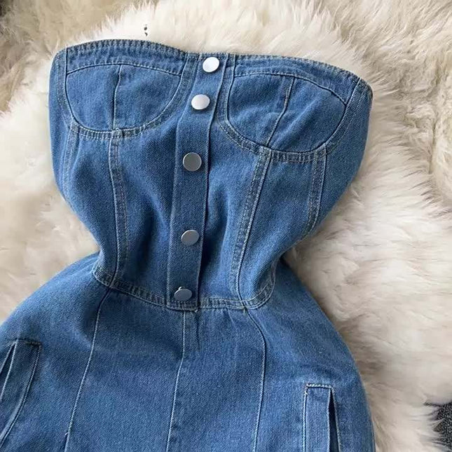 Spring Summer New Retro Sexy Female Denim Chest Wide-Leg Denim Pants Jumpsuit