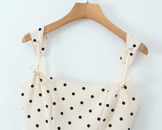 Polka Dot Print Beige Color Shoulder Strap Back Lace up Casual Fashion Mini slip Dress for Ladies