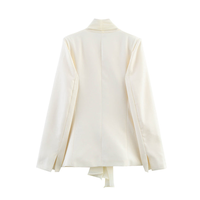 Beige Color Bow Tie Long Sleeve Casual Fashion Blazer Jacket for Women
