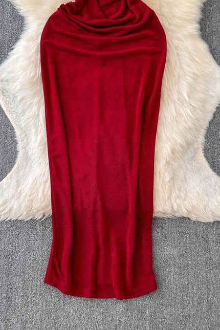 Dress goddess style temperament scheming pleated waist slimming half high collar skirt European and American long skirt