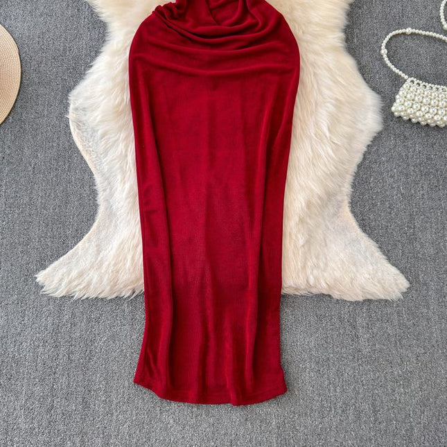 Dress goddess style temperament scheming pleated waist slimming half high collar skirt European and American long skirt