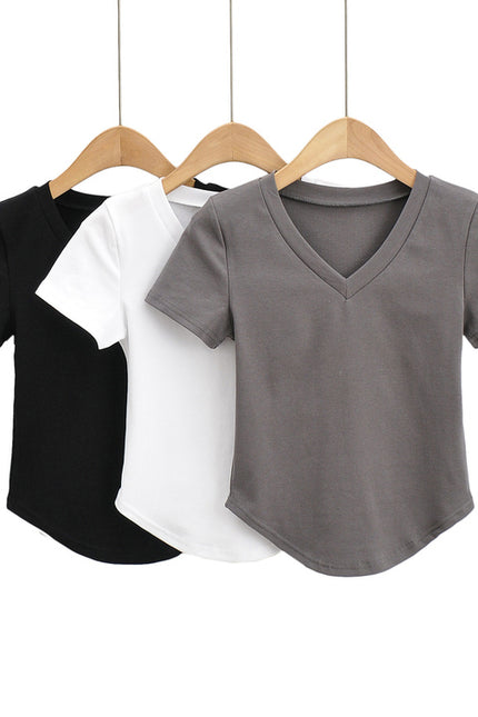 3 Colorway Solid Color v Neck Short Sleeve Casual Fashion Women t Shirt