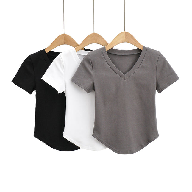 3 Colorway Solid Color v Neck Short Sleeve Casual Fashion Women t Shirt