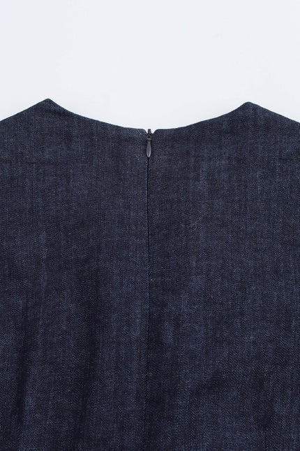Crew Neck Front Pleated Sleeveless Denim Blue Color Casual Fashion Long Jeans Dress for Women