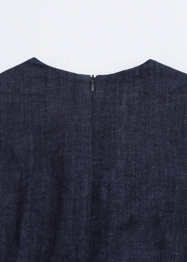 Crew Neck Front Pleated Sleeveless Denim Blue Color Casual Fashion Long Jeans Dress for Women