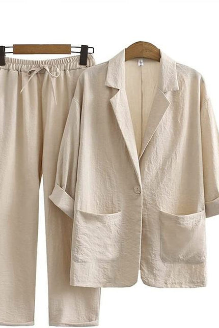 Ladies Cotton Linen 2 Piece Suit Jacket Pants Autumn Loose Fashion Casual Suit Top Set
