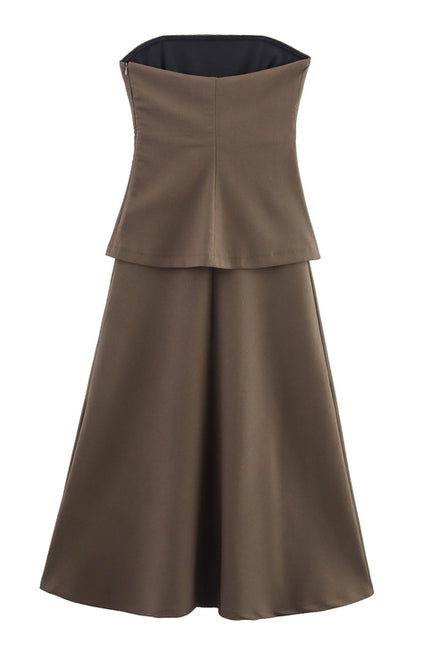 Brown Color Strapless Patchwork Design Hot Sale Casual Fashion Summer Long Dress for Women