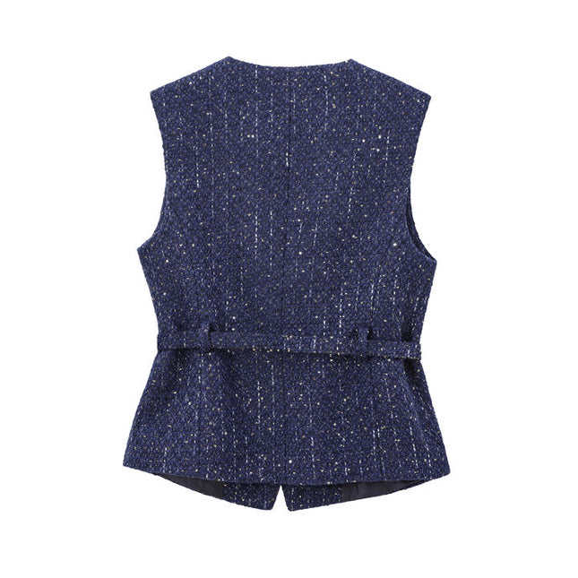 Crew Neck Buttons up Sashes Blue Color Casual Fashion Vest Waistcoat for Women