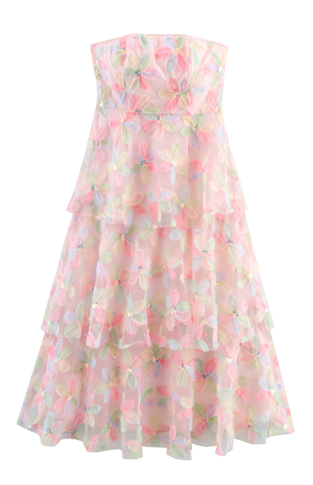 Strapless pink Color Floral Pattern Casual Fashion Long Dress for Women