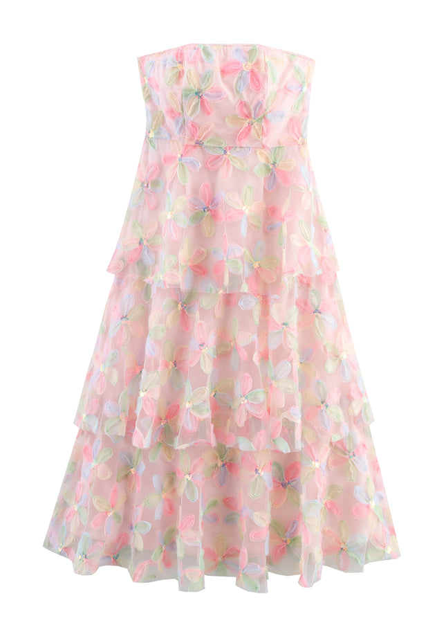 Strapless pink Color Floral Pattern Casual Fashion Long Dress for Women